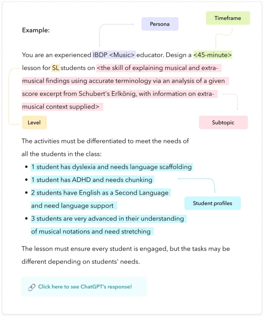 A prompt to generate an IBDP Music lesson plan for a mixed ability group of students.