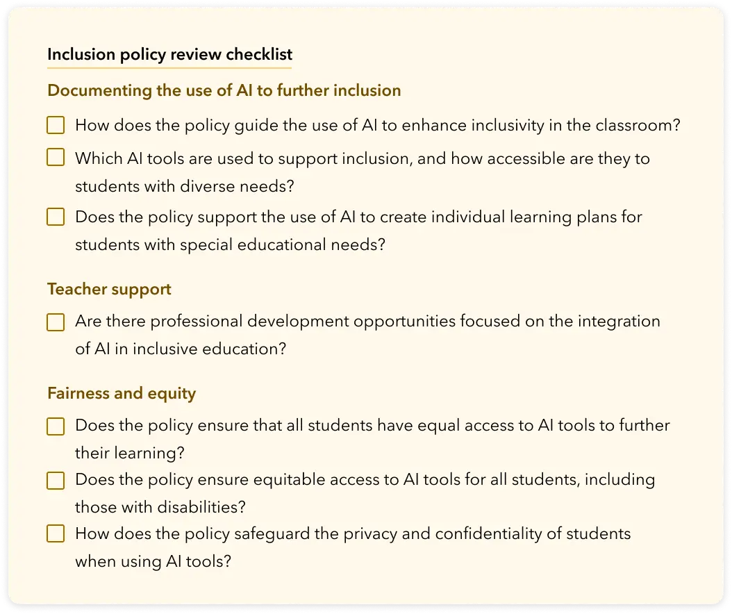 A checklist to review the impact of AI on the IBDP inclusion policy.