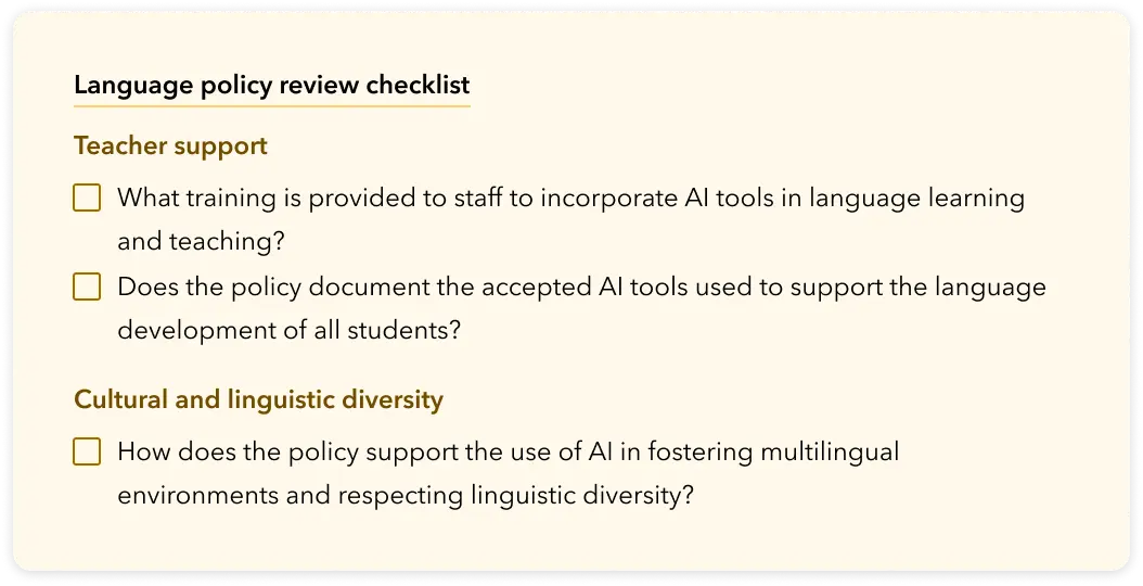 A checklist to review the impact of AI on the IBDP language policy.