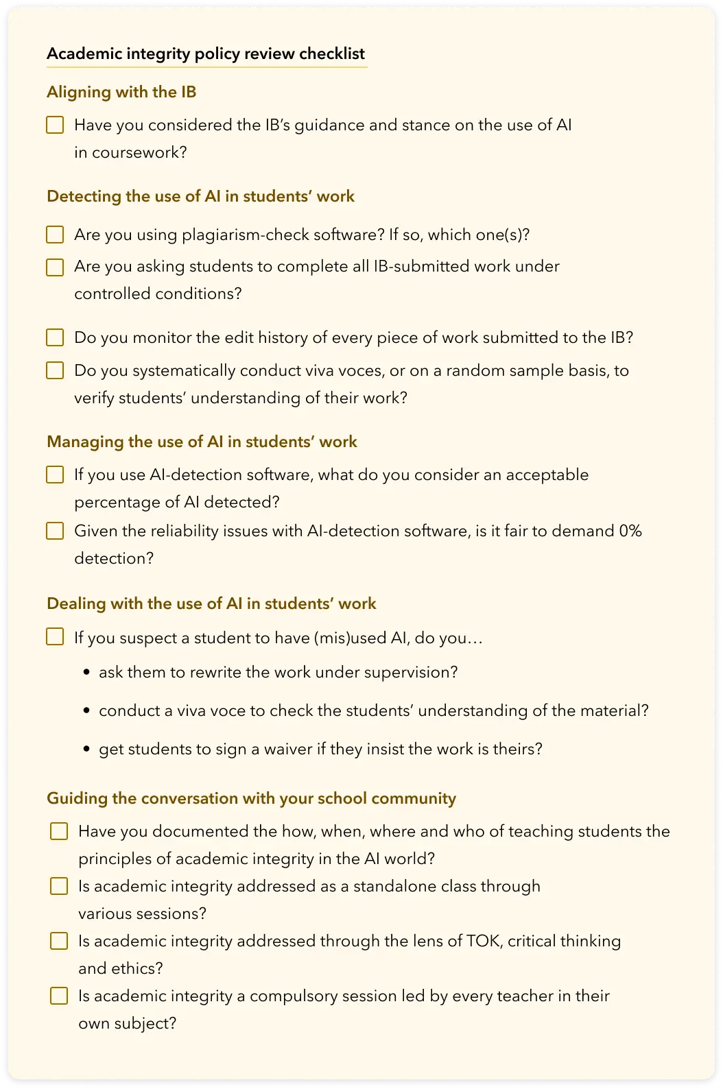 A checklist to review the impact of AI on the IBDP academic integrity policy.