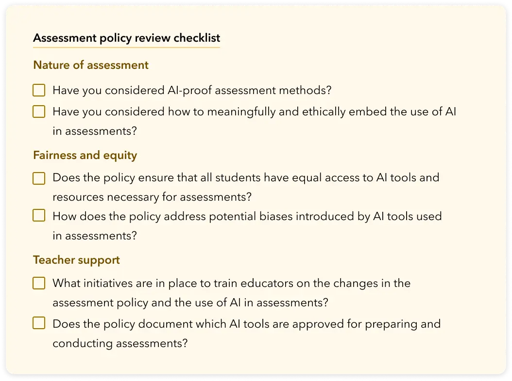 A checklist to review the impact of AI on the IBDP assessment policy.