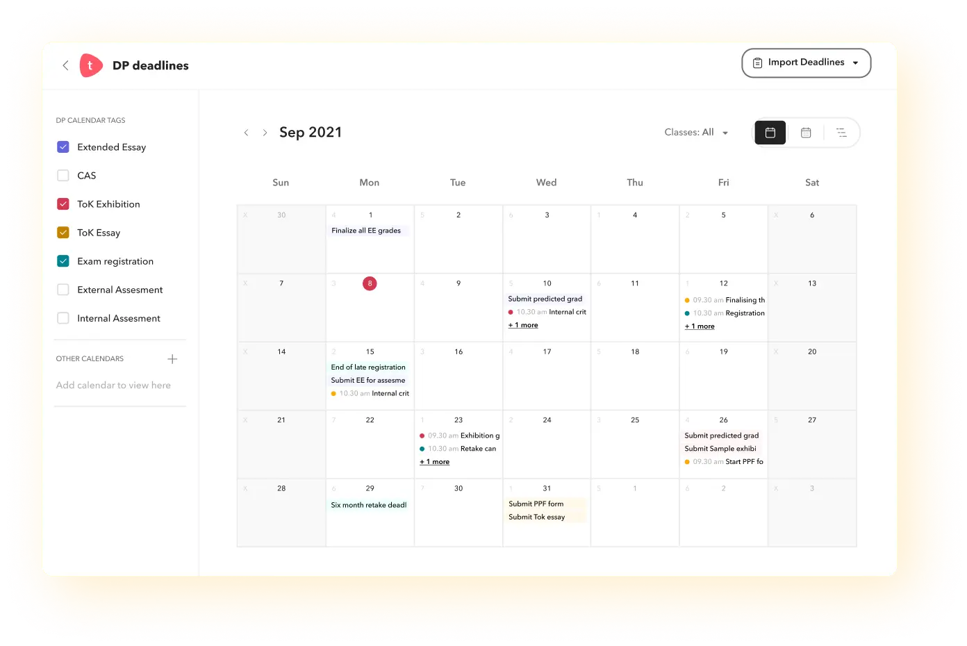 Toddle's Unified calendar view to see all the assessments, submissions and other important dates at one place. 