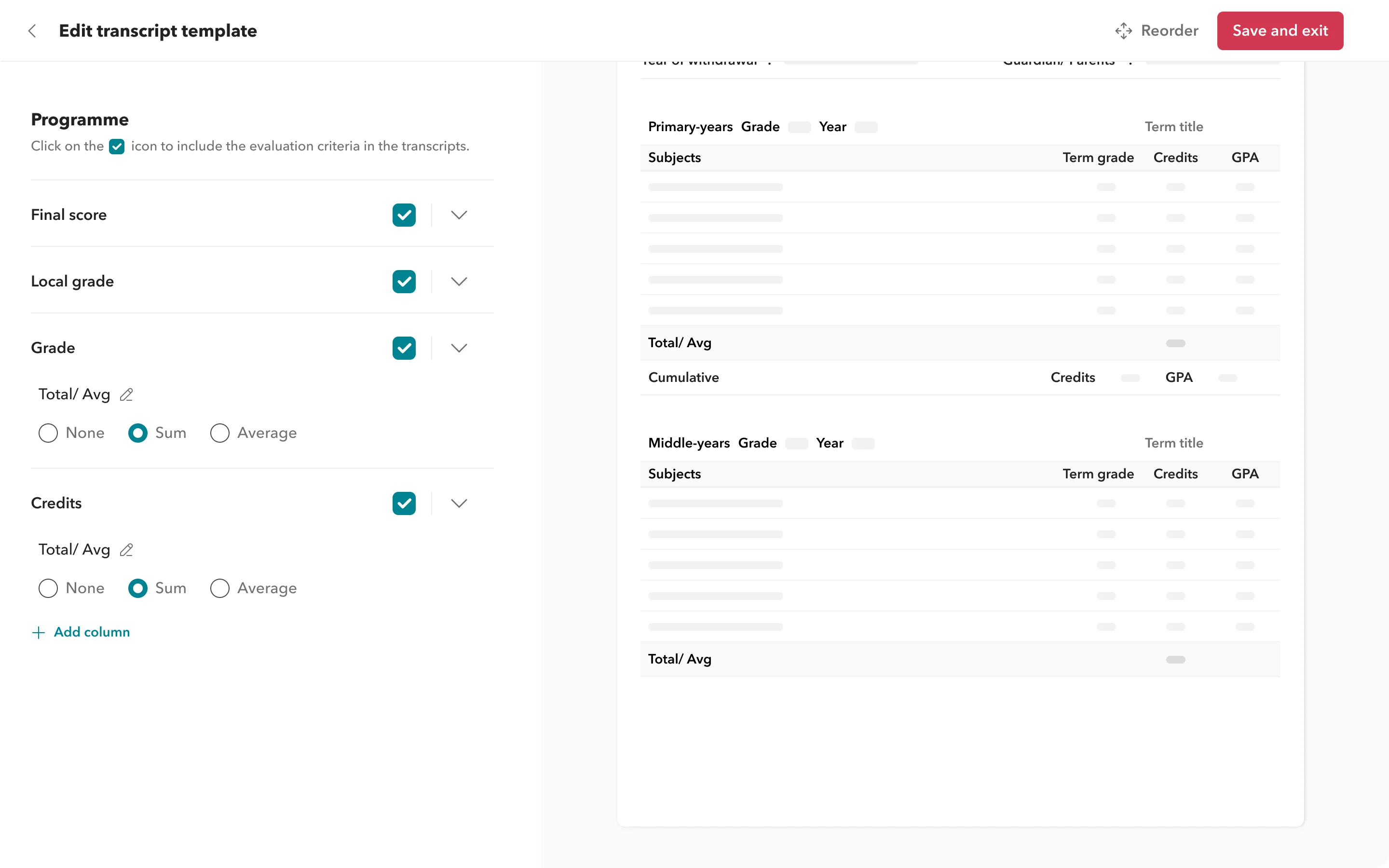 Customisable student transcripts