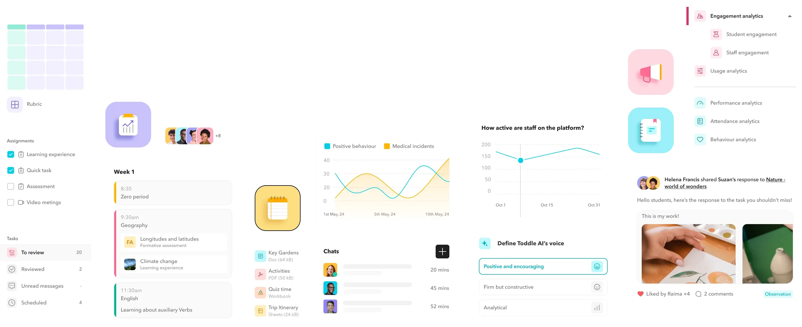 multiple screenshots represents plan curriculum, assess learning, and create reports from one place